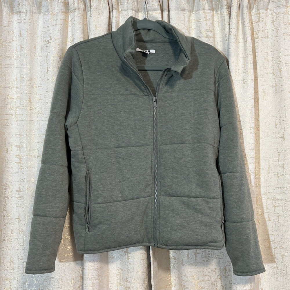 Three Dots Quilted Puffer Jacket Womens Medium Gray Full Zip Jersey Basic Travel